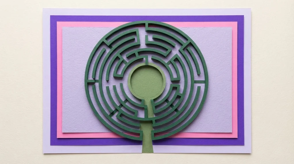Labyrinth aus Papierbahnen mit einer klar erkennbaren Öffnung