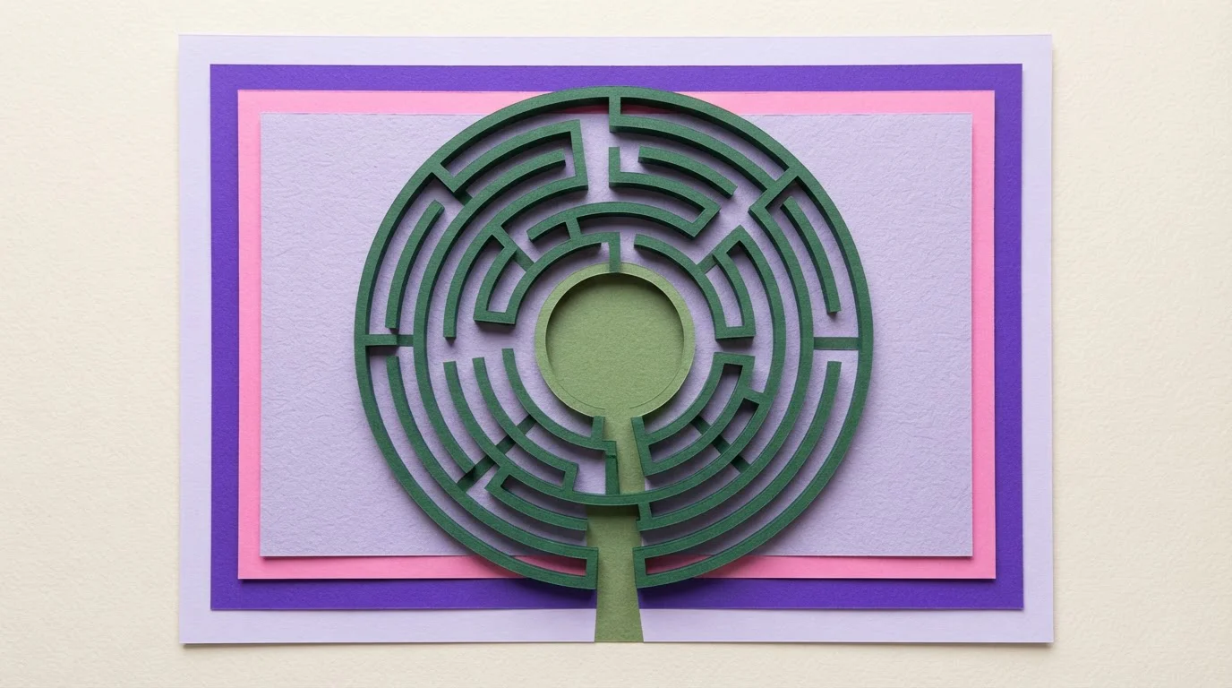 Labyrinth aus Papierbahnen mit einer klar erkennbaren Öffnung