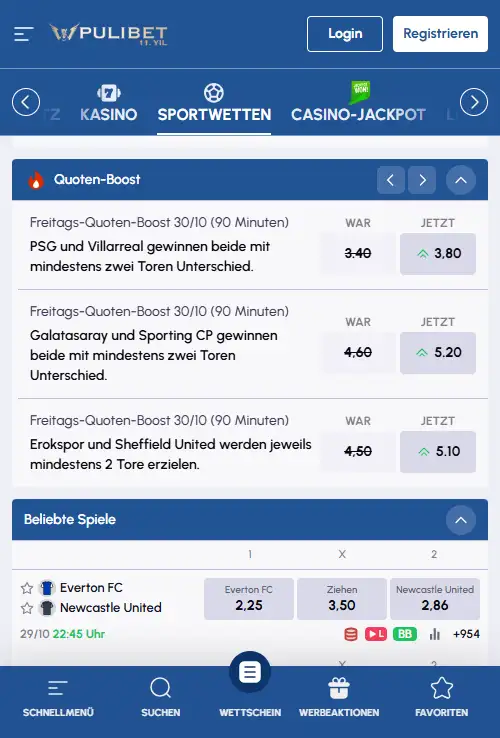 Mobiler Zugang über das Internetprogramm von Pulibet mit Sportnavigation und Wettmärkten