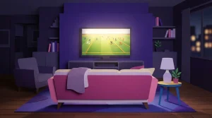 Fernseher mit einem beleuchteten Spielfeld neben einem Sofa im Wohnzimmer