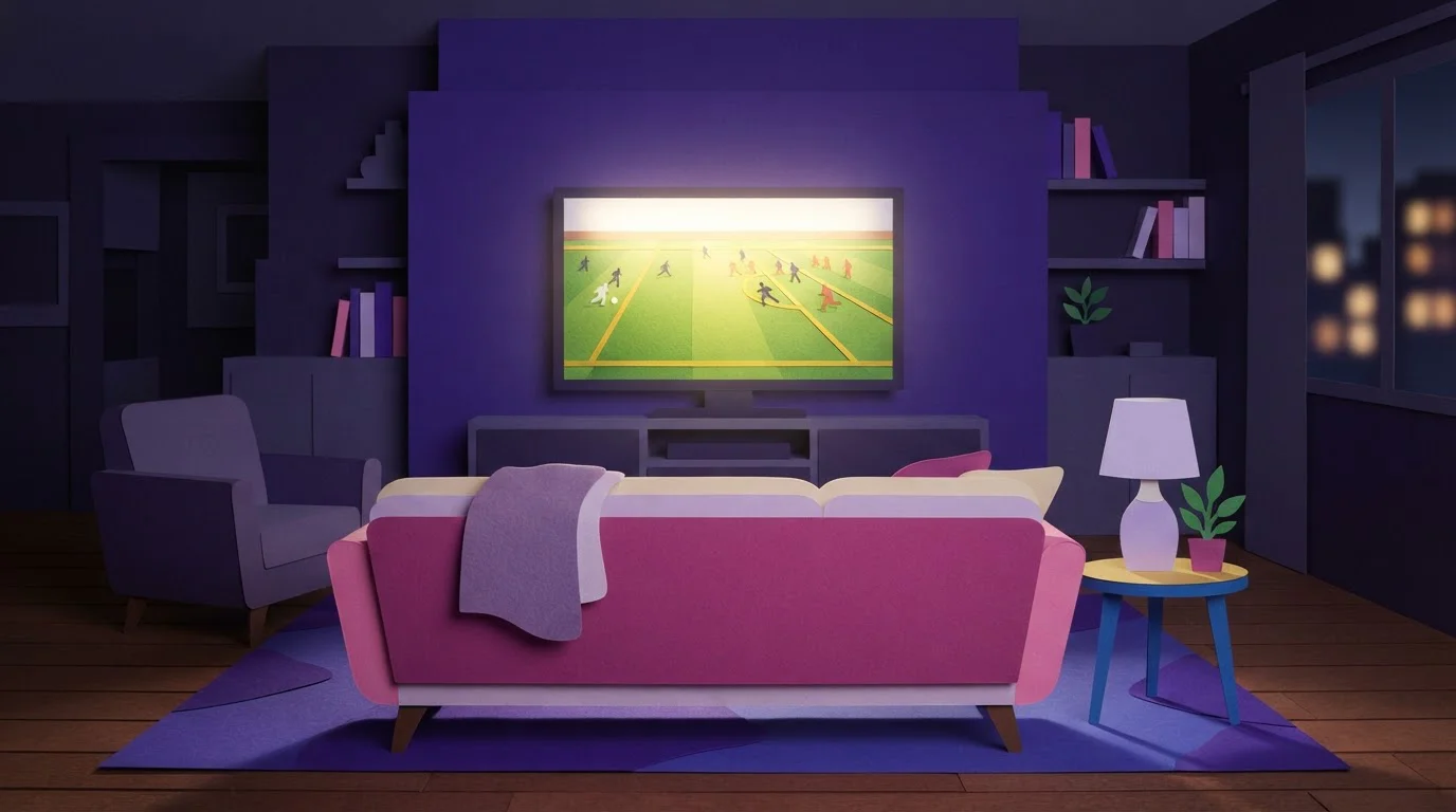 Fernseher mit einem beleuchteten Spielfeld neben einem Sofa im Wohnzimmer