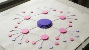 Schema aus verbundenen runden Knoten und geraden Linien auf einer farbigen Papierfläche